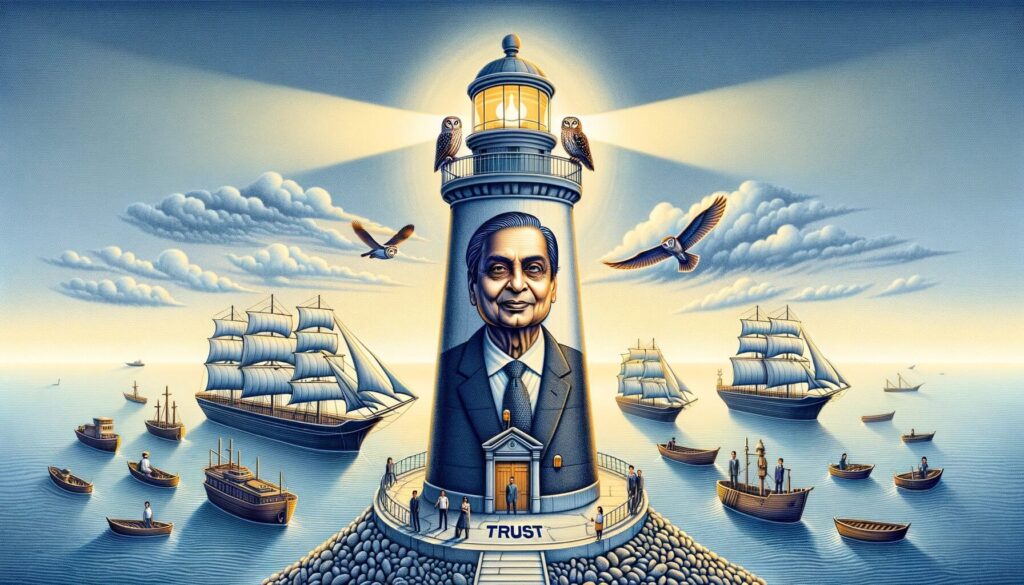 Creative portrayal of Dhirubhai Ambani as part of a lighthouse structure, overlooking a sea filled with business ships facing ethical challenges