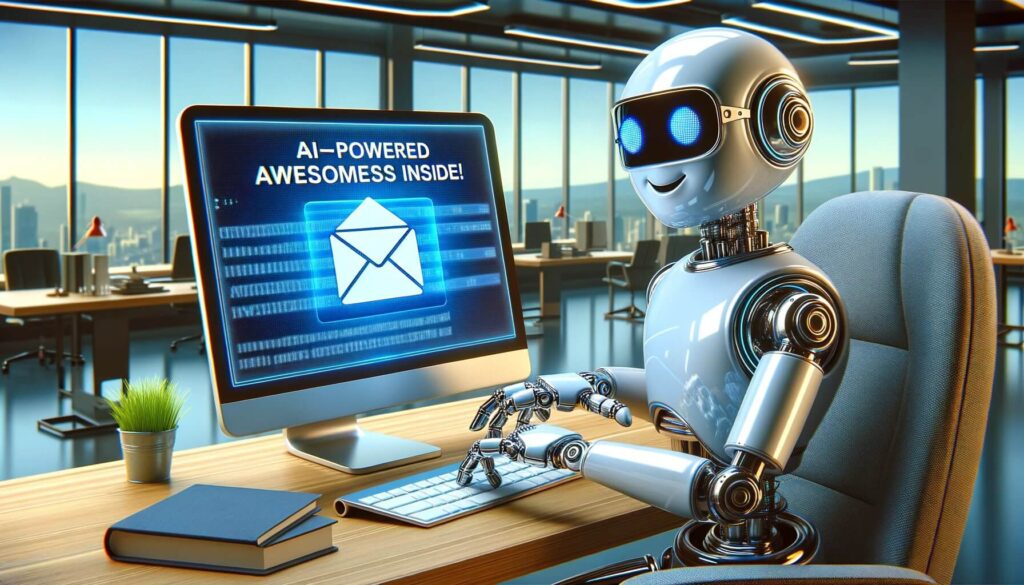 Futuristic office scene showcasing a friendly-looking Email Writing Robot sitting at a sleek desk. The robot is in the midst of composing an engaging email message to customers