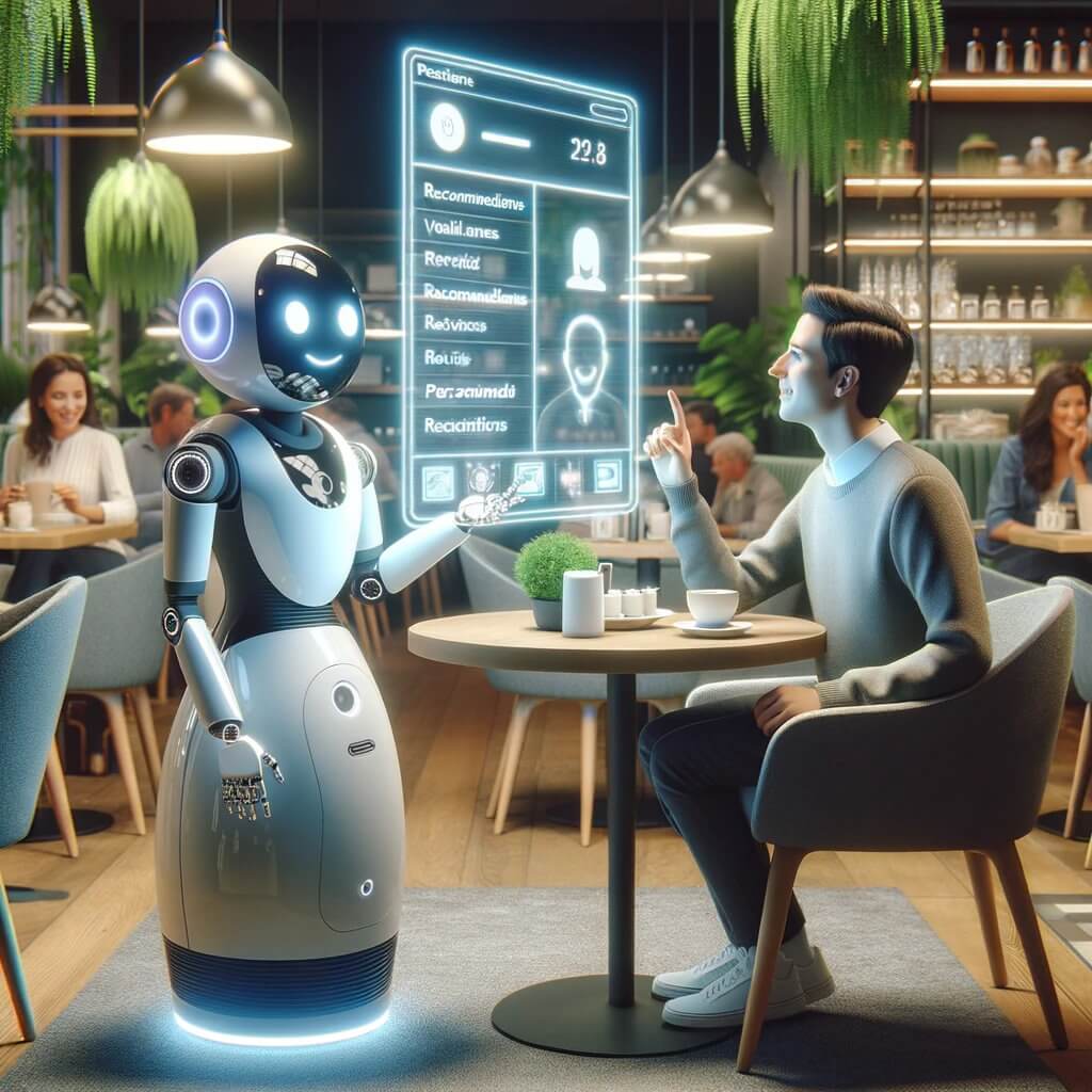 In a modern, softly lit cafe setting, a sleek, friendly AI robot sits across from a delighted customer