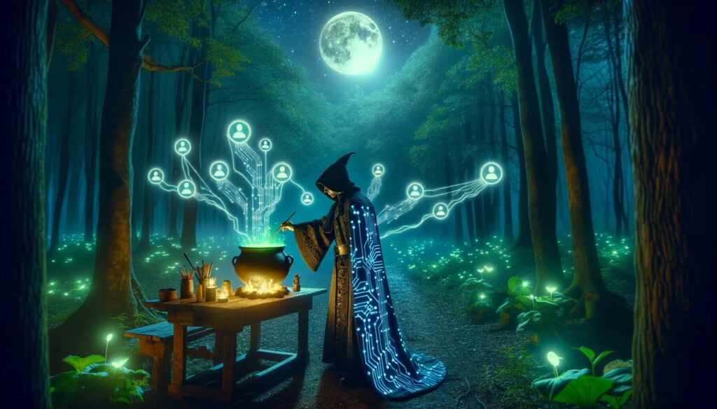digital entrepreneur represented as a wizard in the forest environment, brewing a potion to solve problems
