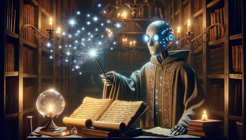 In a mystical library chamber, an AI wizard with a robe adorned with circuitry patterns stands hunched, holding a magic wand. The wand emits star-like rays 