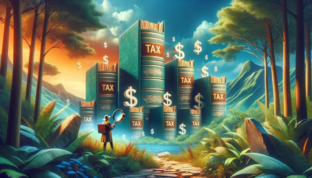 an entrepreneur navigating the imaginary landscape with oversized books, representing the humongous task of understanding legal rights