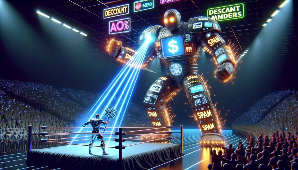 In a virtual wrestling ring suspended in cyberspace, a colossal Spam Monster, created from flashy ads, discount banners, and glaring exclamation marks