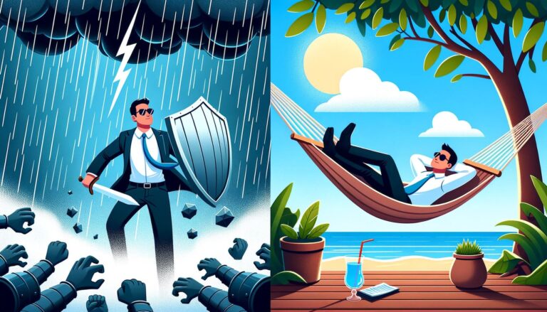Left side_ Entrepreneur with a protective shield, braving a hailstorm of financial obstacles, Right side_ Employee chilling on a beach