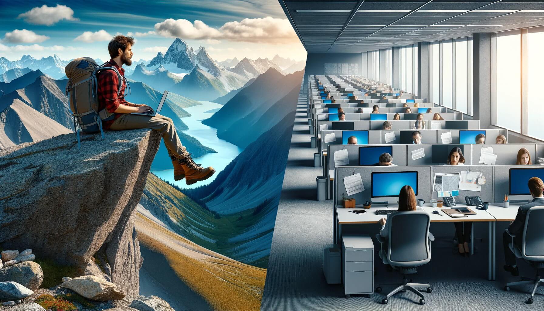 On the left, a remote entrepreneur sits on a mountain's edge with a laptop, surrounded by breathtaking landscape. On the right, a typical cubicle work environment