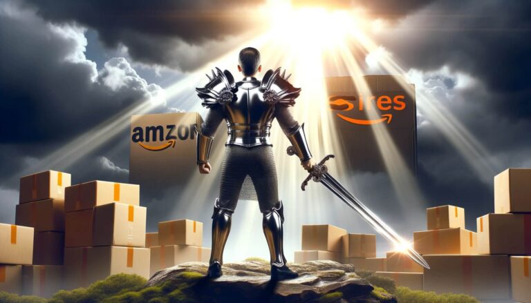 Photo of a determined small business owner, dressed in gleaming armor with their business logo, standing tall with a raised sword, ready to face the looming e-commerce giants in the background. The scene is bathed in rays of sunlight breaking through clouds, symbolizing hope.