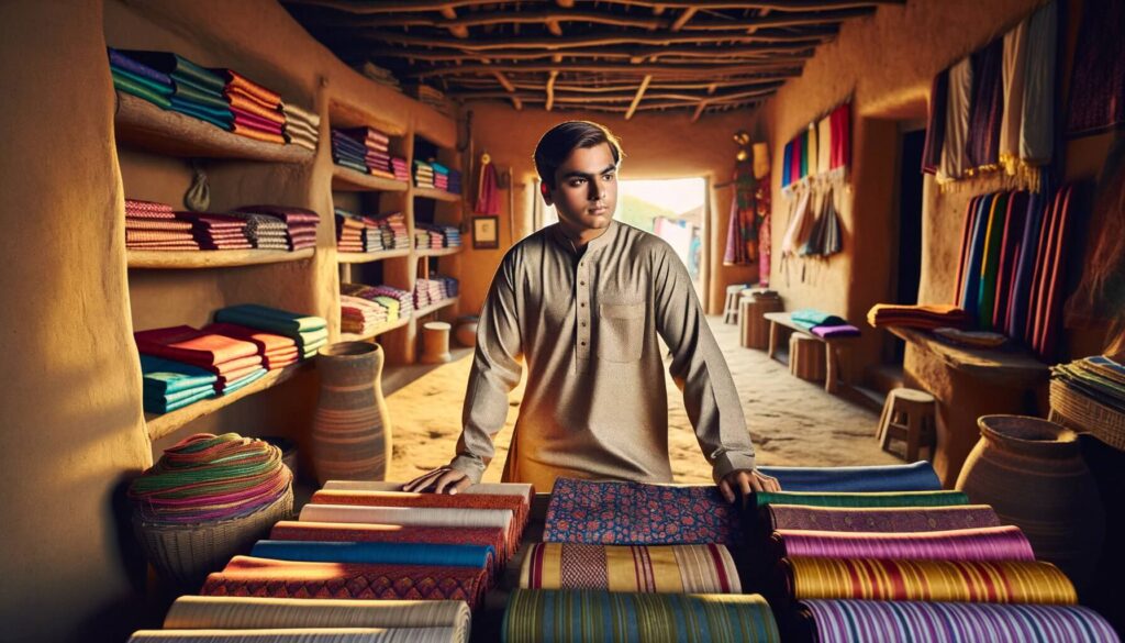 Photo of a young Dhirubhai Ambani in his early years, standing inside a quaint textile shop in a Gujarati village