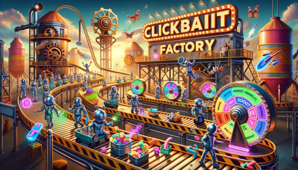 Whimsical factory setting with oversized steampunk gears and cogs as the backdrop. In the foreground, a conveyor belt showcases AI robots resembling email headlines 
