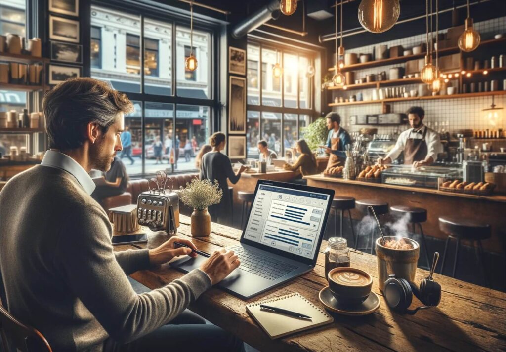 An employee is filling a survey on laptop in café