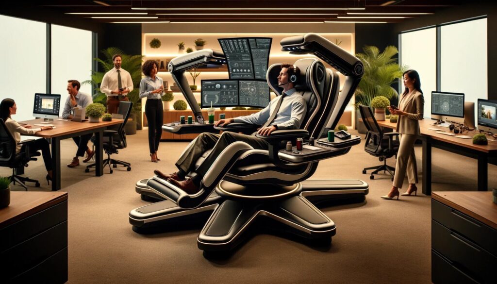 An employee is enjoying comfort at workplace. This person is sitting in futuristic-looking chair with multiple screens and devices