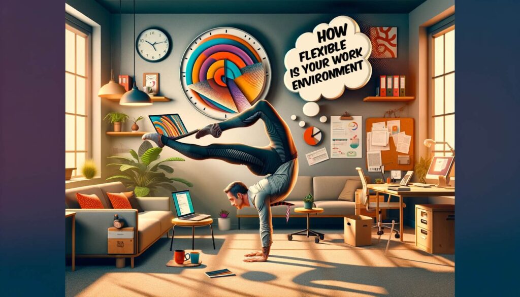 An entrepreneur is doing yoga while working with laptop. The message on the image says - how flexible is your work environment
