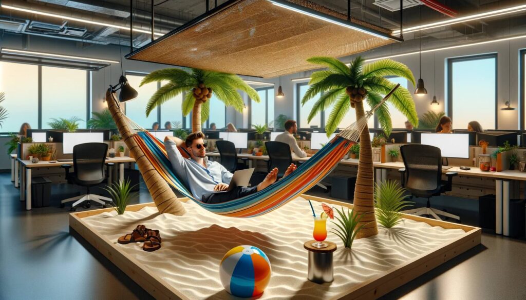 A section of office floor transformed into tropical corner with fine white sand raked perfectly. Three artificial palm trees are enriching office space. An employee is relaxing in sturdy woven hammock with vibrant stripes, suspended between palm trees
