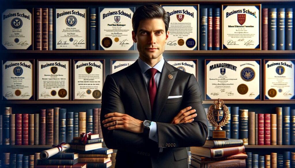 CEO is standing in front of his diplomas and books they've read, signifying traditional corporate career path