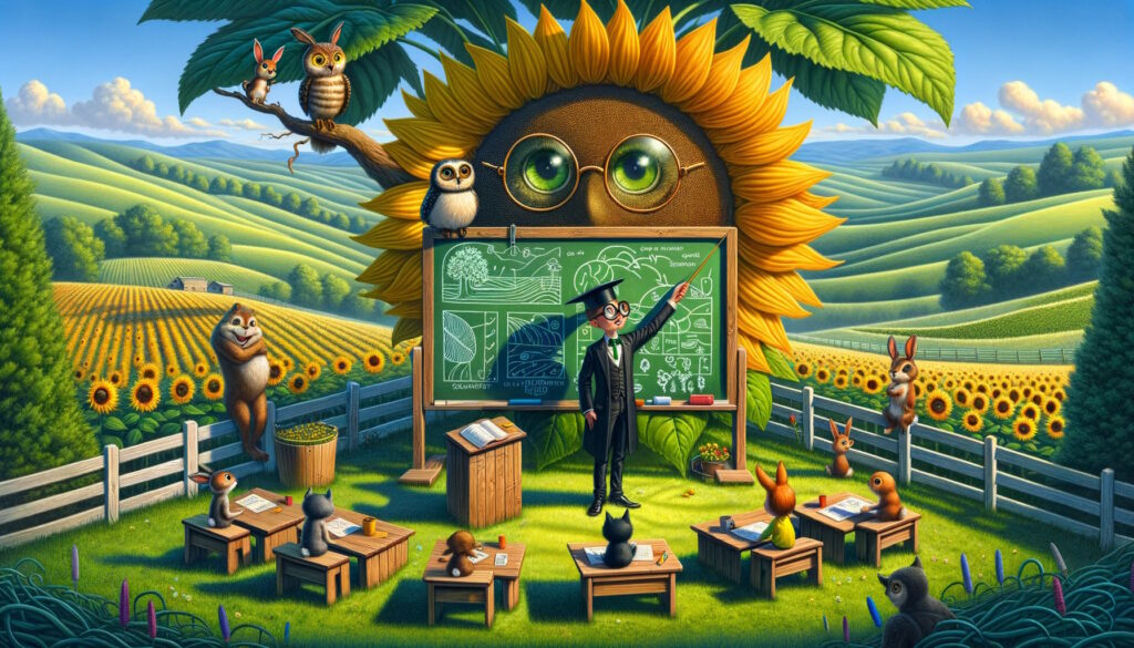 Illustration of a vibrant farm transformed into a playful classroom setting. Picture includes picturesque rural landscape with rolling hills and a clear blue sky. Animals are at the classroom