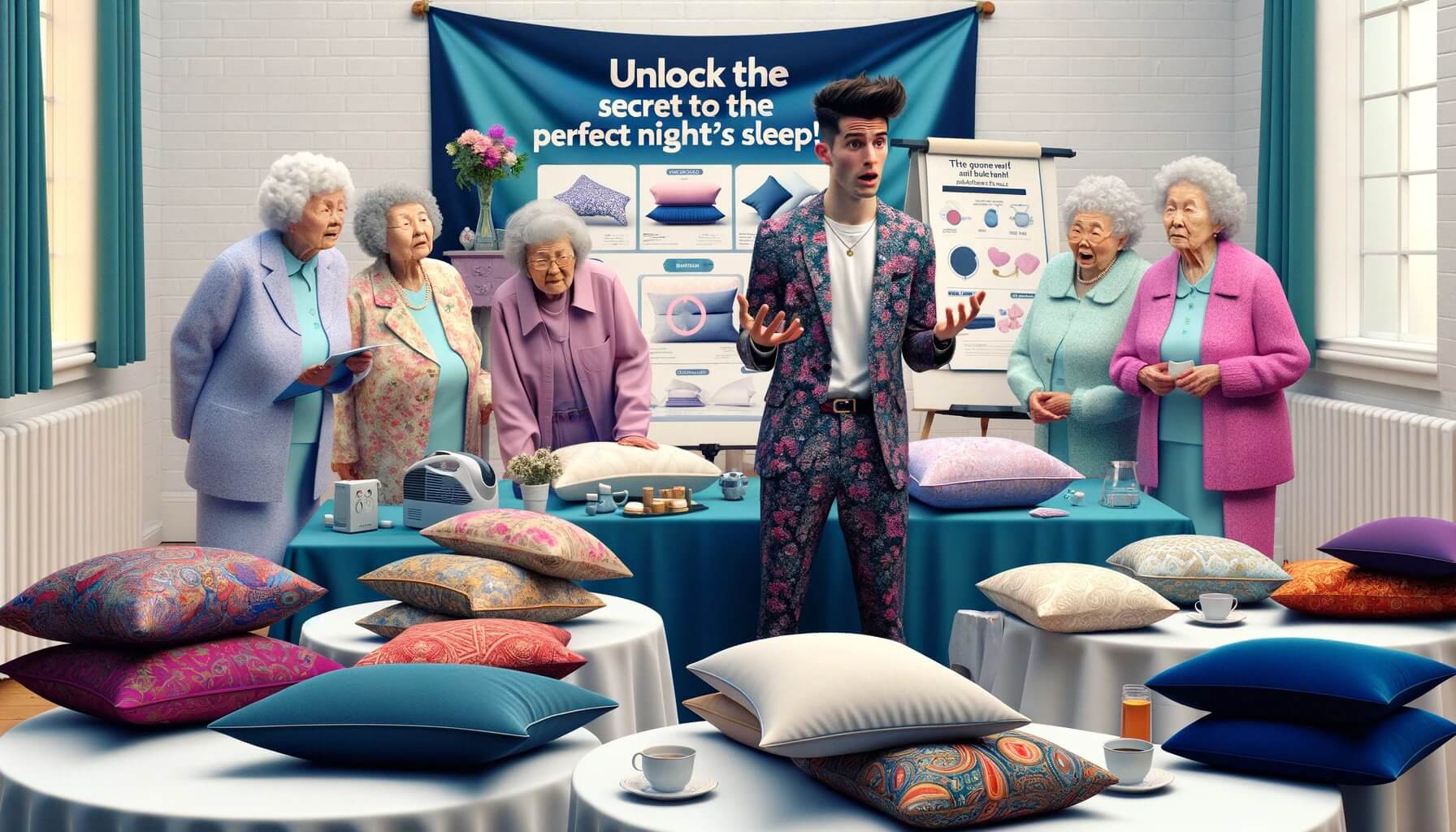 In a bright community hall, a young entrepreneur stands confused behind a podium, surrounded by grandmothers in floral and pastel outfits, inspecting the pillows