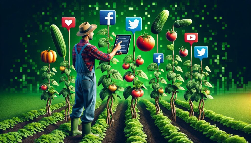 In a vibrant digital garden, an agripreneur in farming attire holds a digital tablet from which vines extend into virtual soil. Instead of crops, social media icons are growing