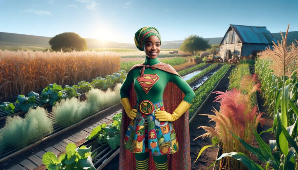 In a whimsical farm setting, an agripreneurial superhero exudes determination and resilience. Dressed in a colorful, agricultural-themed superhero costume is a young African woman