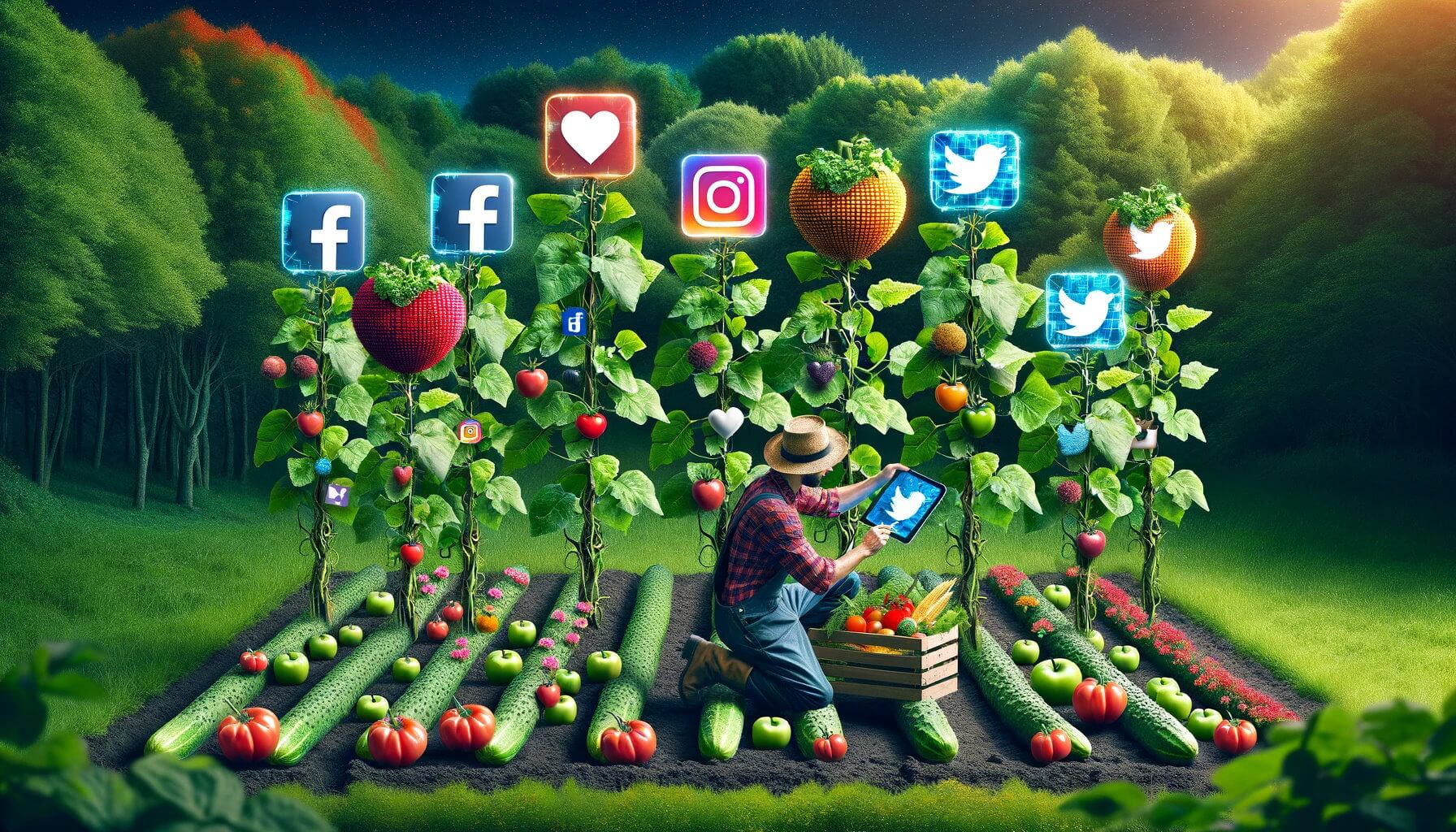 In an imaginative digital farm scene, an agripreneur dressed in modern farming attire is harvesting social media posts from a network of vines