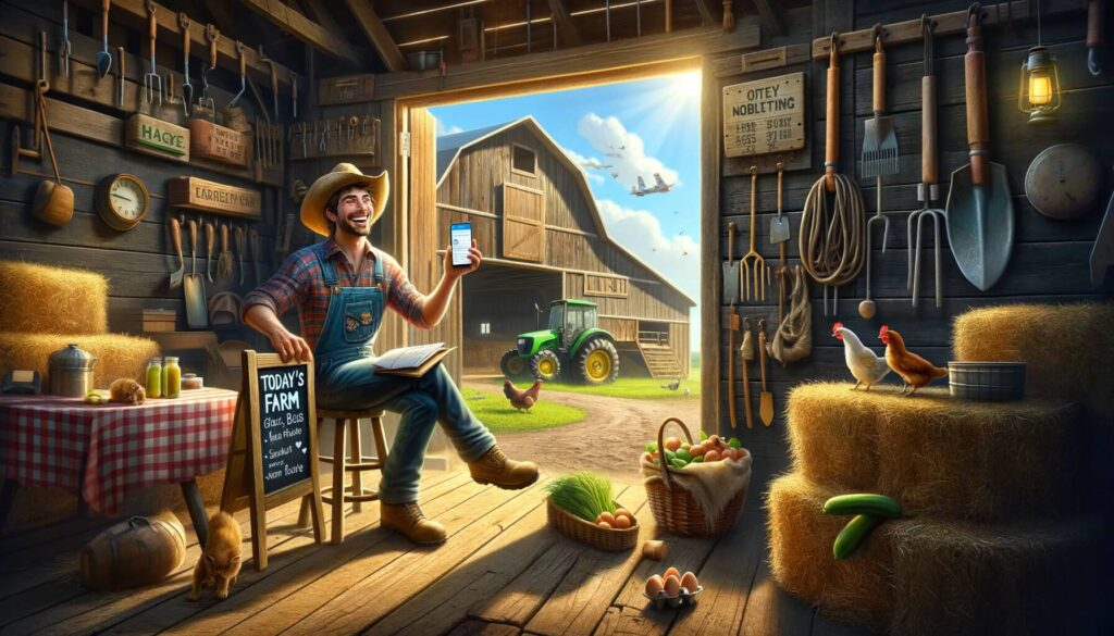In the foreground, a farmer is doing a live video on social media. A rustic, sunlit barn with neatly stacked hay bales on one side and orderly hanging farm tools on the wall serves as a backdrop
