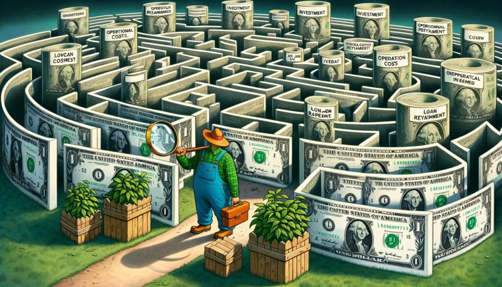Photo of a whimsical and engaging scene where an agripreneur stands at the entrance of a massive maze made of oversized dollar bills