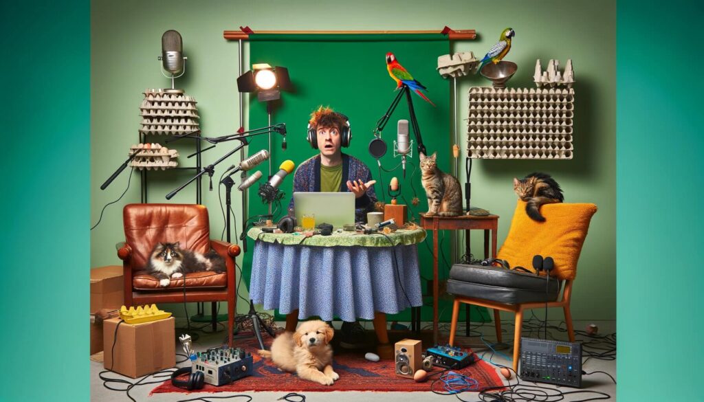 a young podcaster in his studio, surrounded by animals
