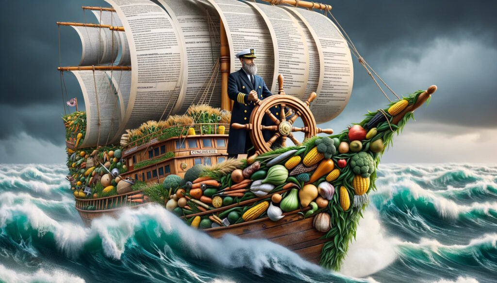 imaginative scene depicting an agripreneur aboard a farm-themed ship navigating a turbulent sea filled with oversized government documents